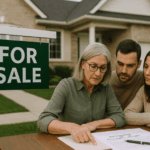 Buyers with a lawyer in front of a house with a For Sale sign