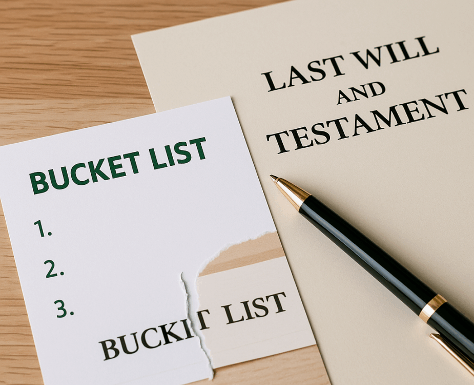 A piece of paper entitled Bucket List beside a blank Last Will and Testament