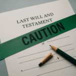 A piece of Caution tape over a Last Will and Testament document