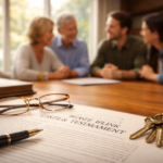Family seated around a table with estate planning documents in the foreground, suggesting a thoughtful conversation about wills and legacy.
