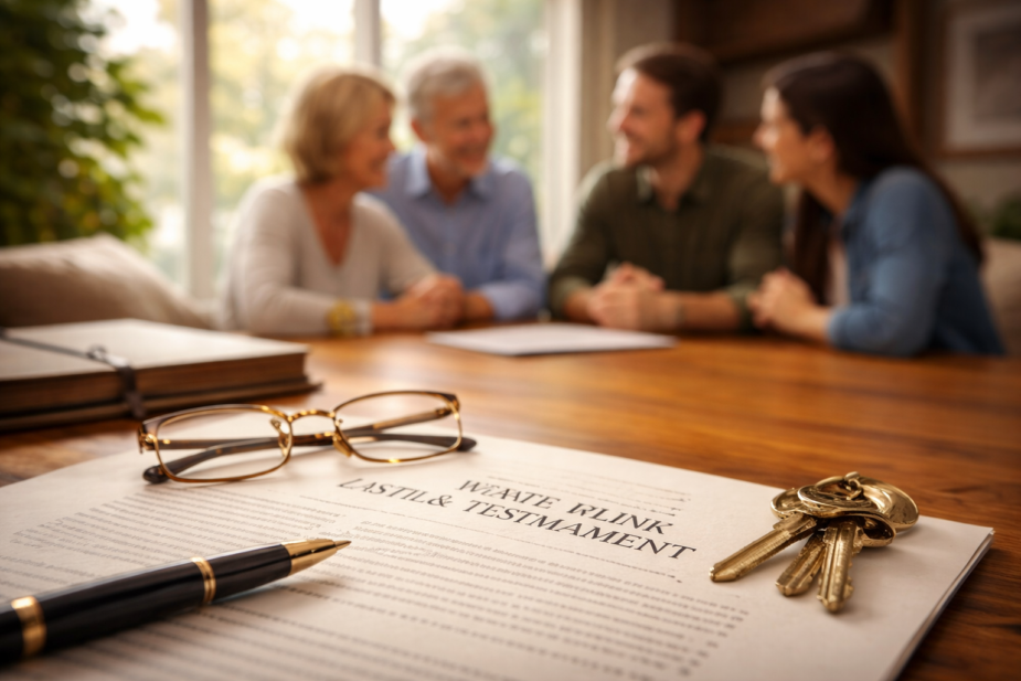 Family seated around a table with estate planning documents in the foreground, suggesting a thoughtful conversation about wills and legacy.