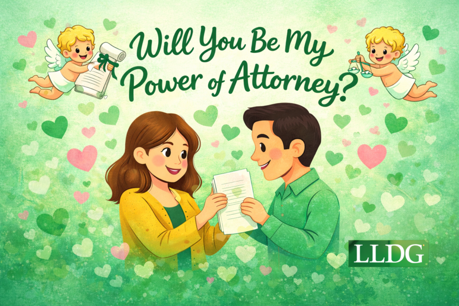 Cartoon couple surrounded by hearts and flowers with text 'Will You Be My Power of Attorney?'"