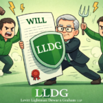 Cartoon illustration of a man protecting his will with a shield while others try to challenge it