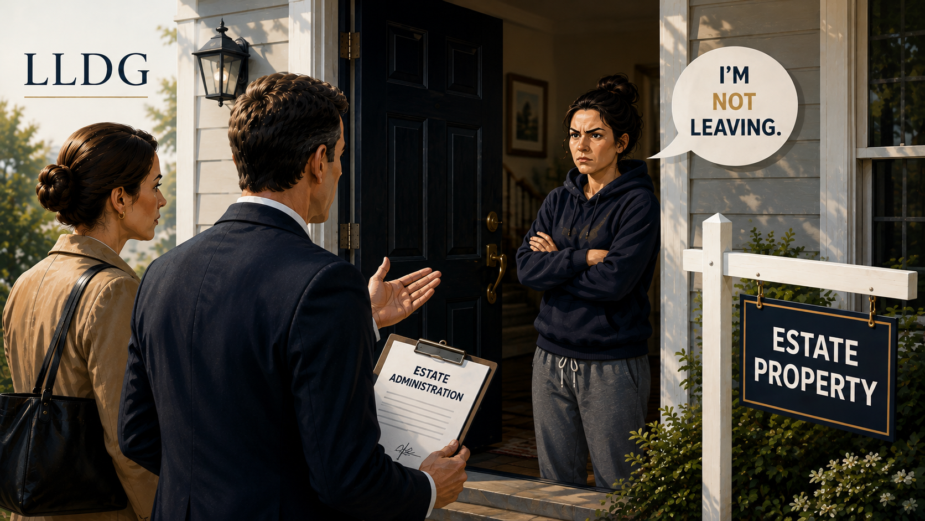 A beneficiary living in estate property refuses to leave as an estate trustee and lawyer arrive at the door with estate administration papers.